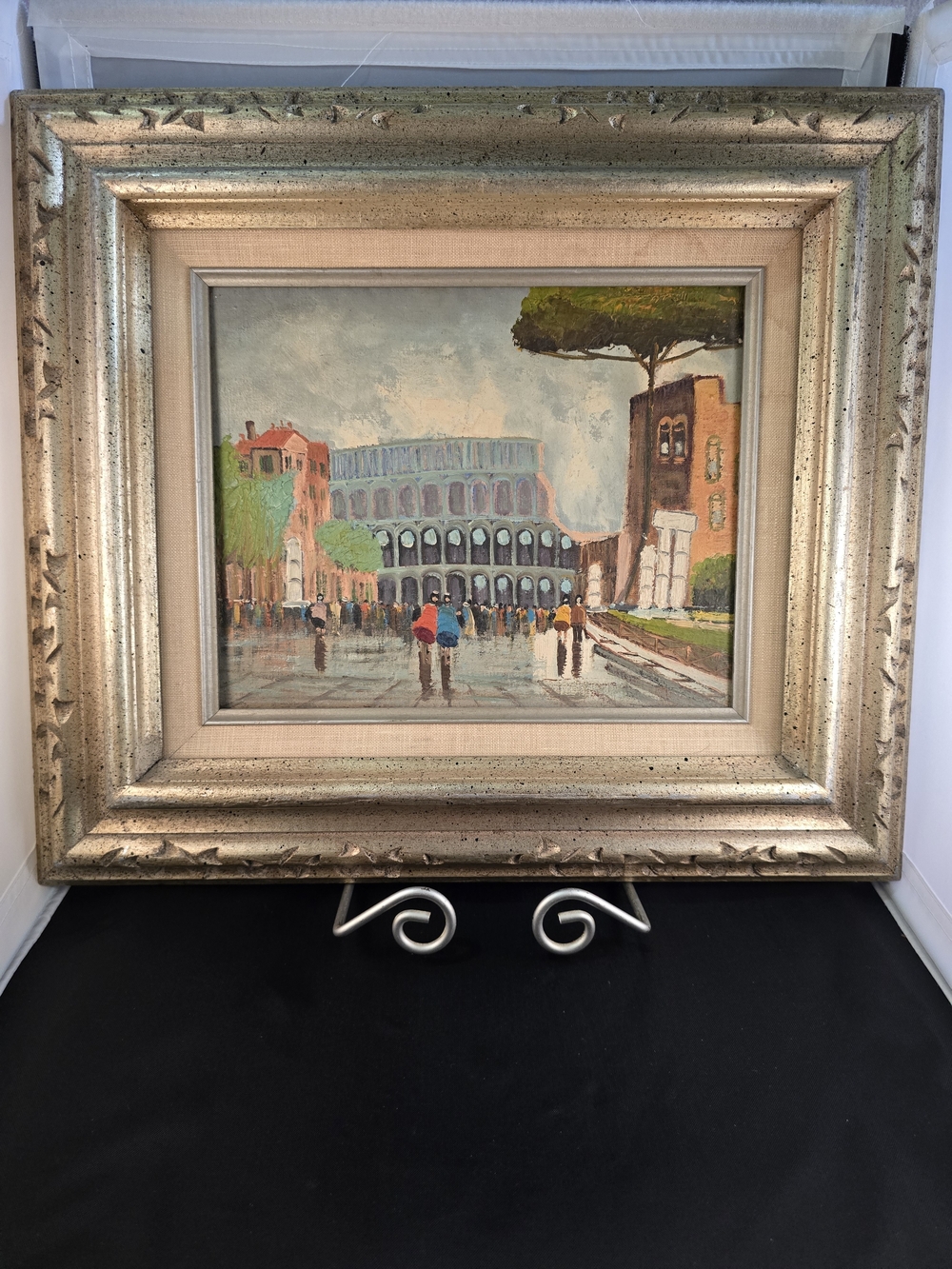 Gold-Framed City Street Painting with Multicolor Figures